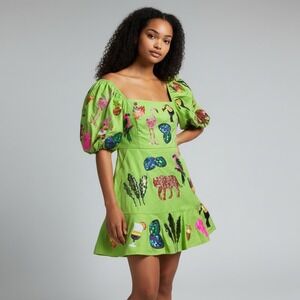 Queen of Sparkles Neon Green Tropical Sequin Mini Dress Puff Sleeve Womens M